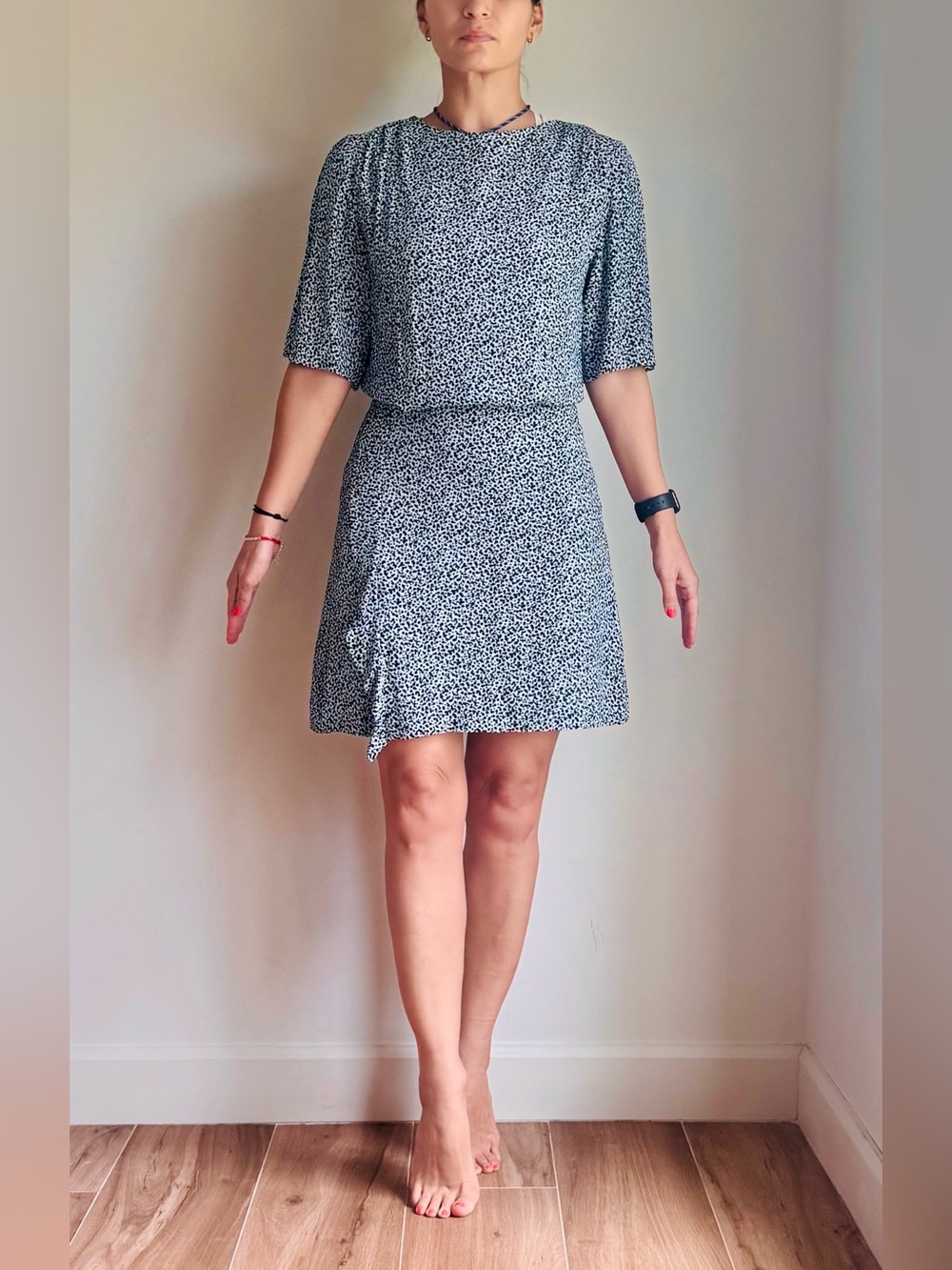 & Other Stories Blue micro dot Mini Dress Flutter Sleeve Ruffle Hem
